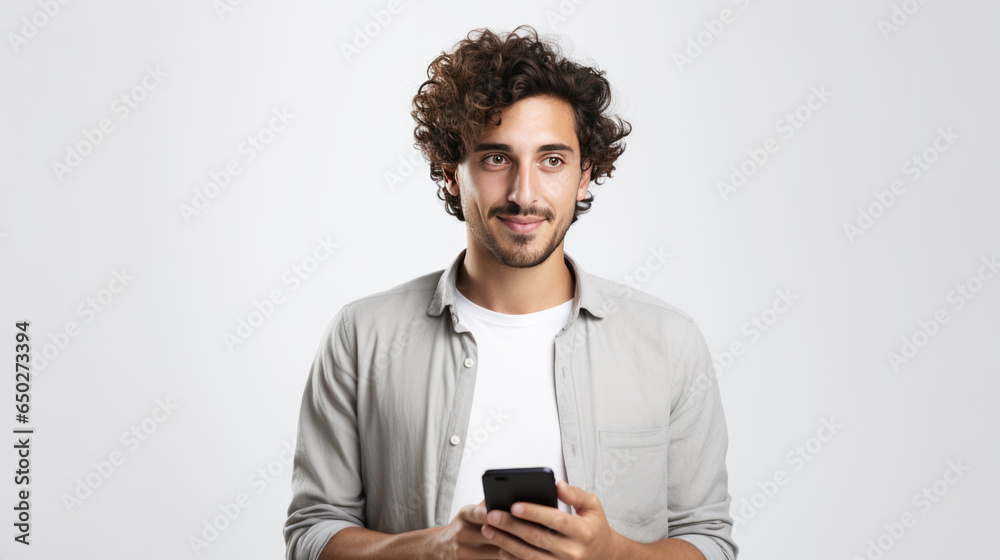 Happy smiling young man using his phone on a colored background. Happy smiling young man using his phone on a colored background.