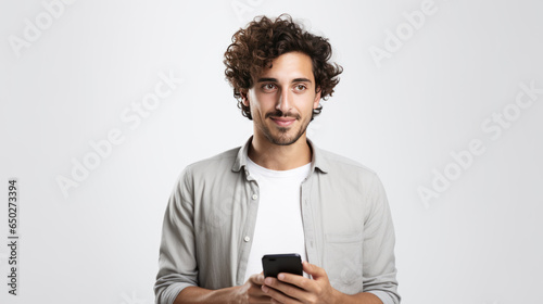 Happy smiling young man using his phone on a colored background.