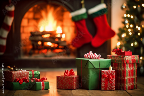 An one green christmas package is on the floor in front of the chimney with red christmas socks in an old living light room christmas atmosphere