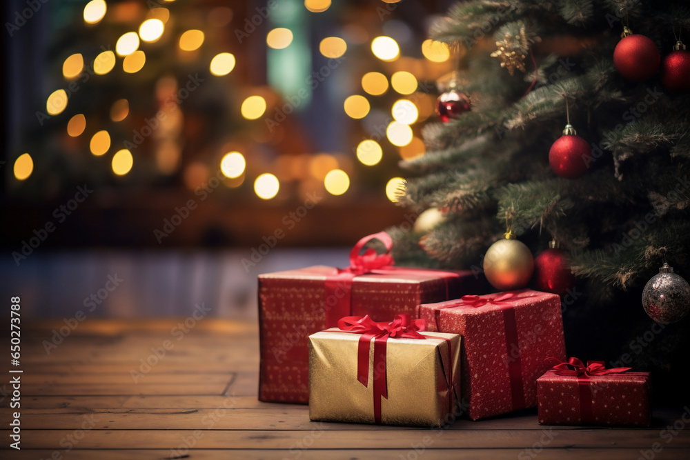 A several christmas package is on the floor in front of a decorated christmas tree with red christmas socks in a wooden cabin or light hut christmas atmosphere