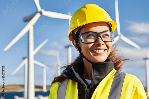 A professional female latin engineer is posing in front of the camera while wearing a yellow safety helmet with black suit in front o a large wind turbine for sustainable energy park on a boat in an o photo