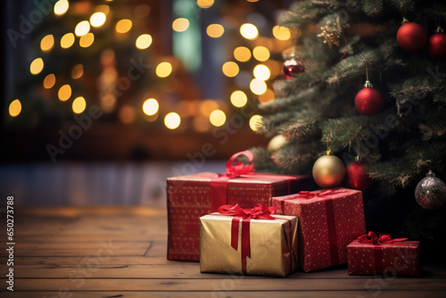 A several christmas package is on the floor in front of a decorated christmas tree with red christmas socks in a wooden cabin or light hut christmas atmosphere
