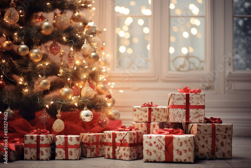 A several christmas package is on the floor in front of a decorated christmas tree with red christmas socks in an old living light room christmas atmosphere