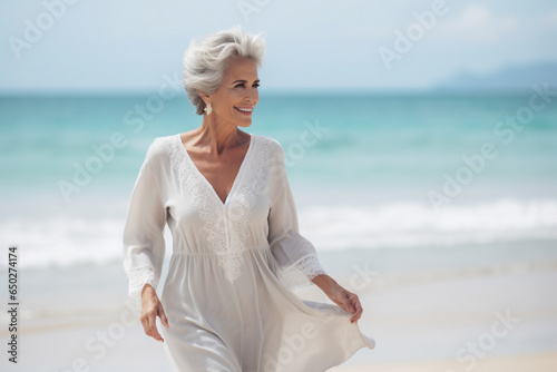 A senior old beautiful caucasian woman is walking on the sand with a dress on a tropical beach with a calm ocean - spring weather beach relaxing photo