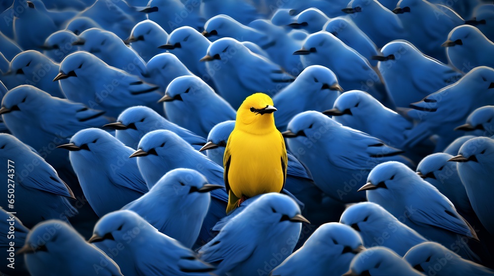 A vibrant yellow bird stands out in a crowd of identical blue birds, symbolizing individuality, uniqueness, and the courage to be different in a conformist society. - obrazy, fototapety, plakaty 