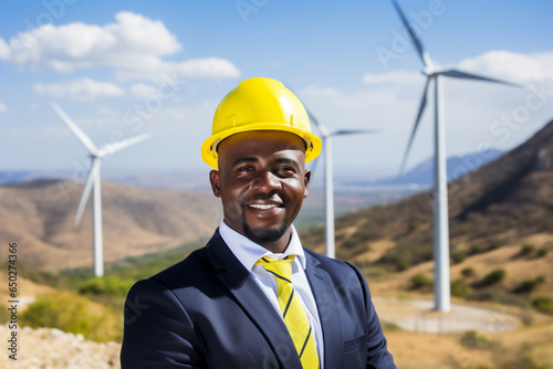 A professional male african american engineer is posing in front of the camera while wearing a yellow safety helmet with black suit in front o a large wind turbine for sustainable energy park in the m photo
