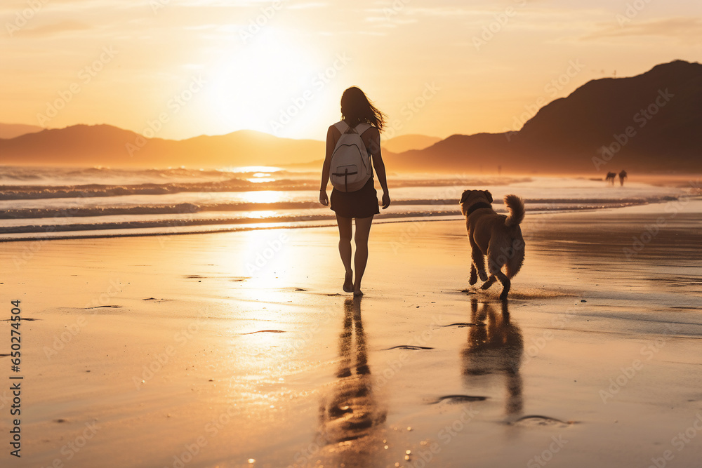 A young asian female is walking next to the waterline seen from the back with a dog running happily around on a calm and tranquil beach during sunset - relaxing activity dog and human walking