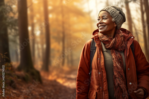 A senior african american woman is is walking on a forest trail enjoying the surroundings with an autumn coat in a calm and tranquil forest during sunset - relaxing walking activity in spare time or b
