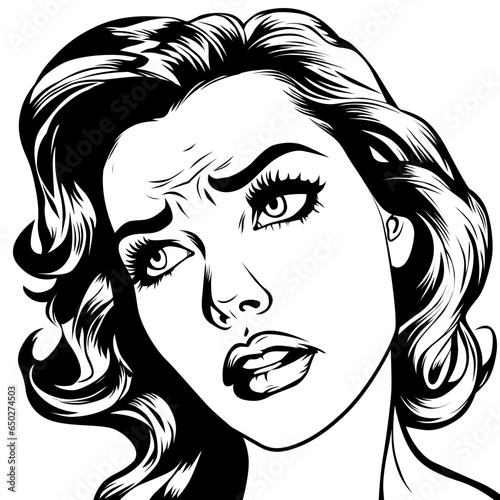 Crying young beautiful woman, vector illustration in vintage pop art comic style. Black and white outline
