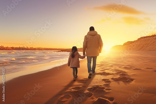 A happy latin father and daughter are walking on the sand next to the waterline with in winter clothing on a European during sunset beach - an active family: family and relaxing time concept on vacaci photo