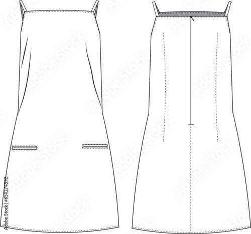 sleeveless strapped strappy square neck mini straight dress with straps technical drawing flat sketch