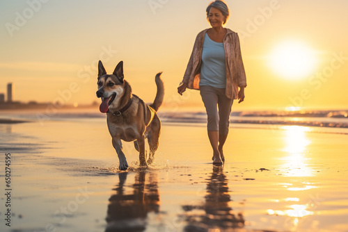A senior asian female is walking next to the waterline seen from the front with a dog running happily around on a calm and tranquil beach during sunset - relaxing activity dog and human walking