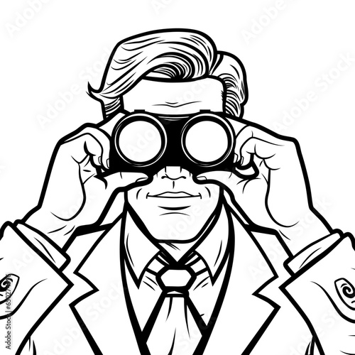 Handsome male businessman in a suit looks out through binoculars for competitors and new horizons, vector illustration in comic vintage style. Outline
