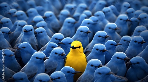 A vibrant yellow bird stands out in a crowd of identical blue birds, symbolizing individuality, uniqueness, and the courage to be different in a conformist society. photo