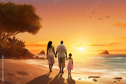 A happy african american family is walking on the sand next to the waterline with in summer clothing on a tropical during sunset beach - an active family: family and relaxing time concept on vacacion