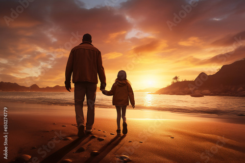 A happy latin father and daughter are walking on the sand next to the waterline with in winter clothing on a tropical during sunset beach - an active family: family and relaxing time concept on vacaci photo