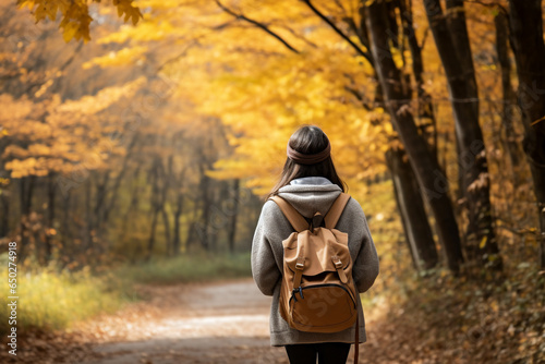 A young asian woman is is walking on a forest trail enjoying the surroundings with an autumn coat in a calm and tranquil forest on a sunny day - relaxing walking activity in spare time or break © pangamedia