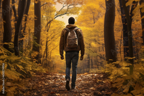A young african american male is walking on a forest trail enjoying the surroundings with an autumn coat in a calm and tranquil forest during sunset and seen from behind - relaxing walking activity in © pangamedia