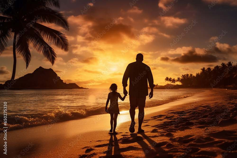 A happy caucasian father and daughter are walking on the sand next to the waterline with in winter clothing on a tropical during sunset beach - an active family: family and relaxing time concept on va