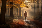 A young caucasian woman is is walking on a forest trail enjoying the surroundings with an autumn coat in a calm and tranquil forest during sunset - relaxing walking activity in spare time or break