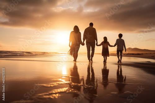 A happy latin family is walking on the sand next to the waterline with in winter clothing on a tropical during sunset beach - an active family: family and relaxing time concept on vacacion