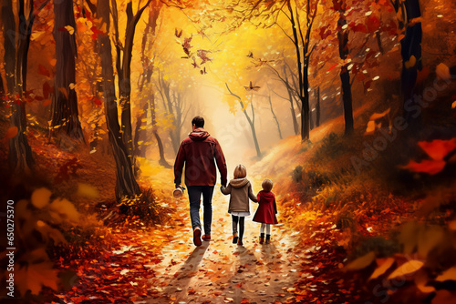 A happy and beautiful caucasian family is walking on a forest trail with autumn clothing in an beautiful old forest with different colored autumn leaves - seen from the front photo
