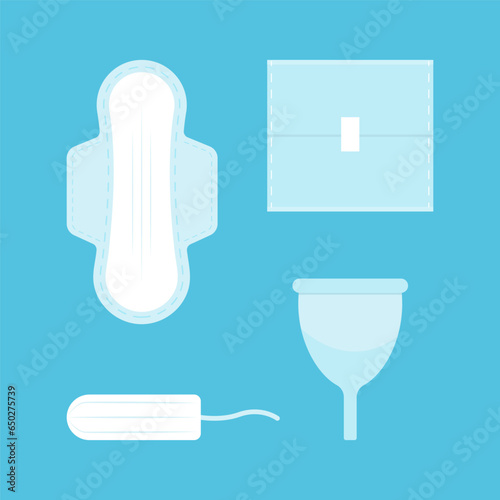 Feminine intimate hygiene. Sanitary napkins, tampon, cup set.