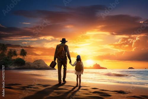 A happy asian father and daughter are walking on the sand next to the waterline with in winter clothing on a tropical during sunset beach - an active family: family and relaxing time concept on vacaci photo