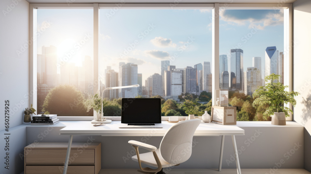 Fototapeta premium Minimalist design A modern home office setup with a sleek desk, ergonomic chair, and high-tech gadgets. Outside the window, a bustling city view contrasts with the serene work environment.
