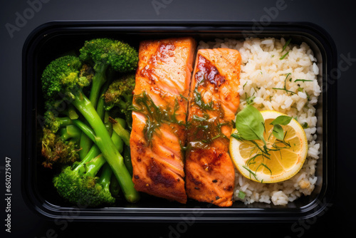 Rice with grilled salmon and asparagus in container. Prepared food for healthy nutrition in lunch box. Catering service for balanced diet.