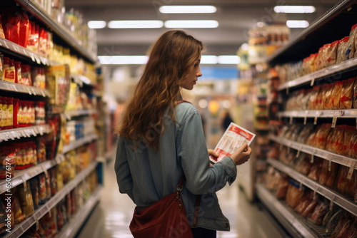 Woman choosing products in grocery store. Female buyer in supermarket