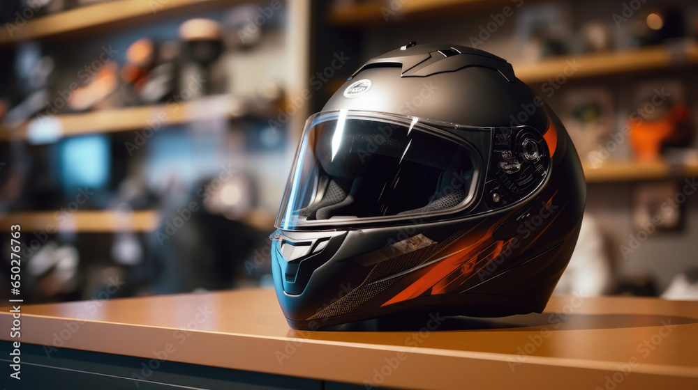 Fototapeta premium Close-up of a motorbike rider's helmet sitting on a table in a shop