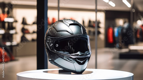 Close-up of a motorbike rider's helmet sitting on a table in a shop