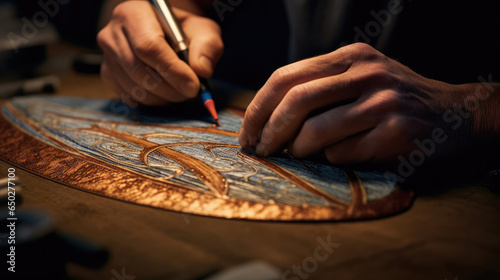 A craftsman is carving a surfboard