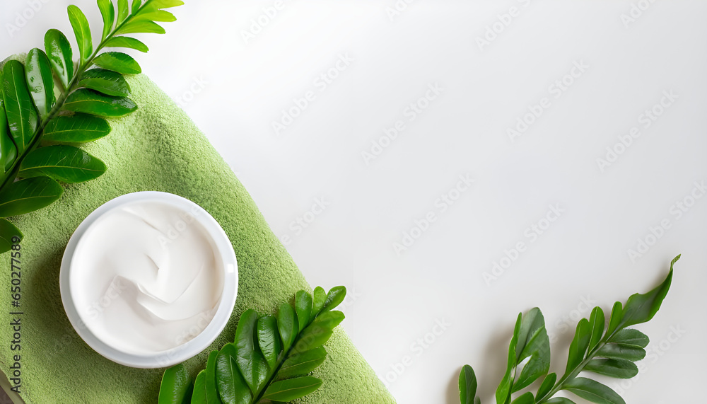 Organic cosmetic hygienic cream with towel and green plants on white background, top view, copy space. Dermatology, natural skin care concept with green leaves. Organic cosmetic hygienic cream with towel and green plants on white background, top view, copy space. Dermatology, natural skin care concept with green leaves.