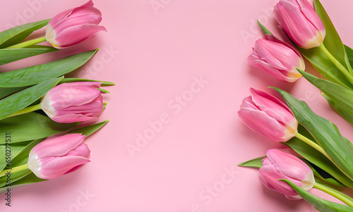 Creative arrangement of spring tulips on pink background. Flowers flat lay. Copy space.