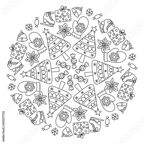 New Year, Christmas circle mandala. Hand drawing coloring page for kids and adults. Winter Holidays. Beautiful drawing with patterns and small details. Coloring anti stress pictures