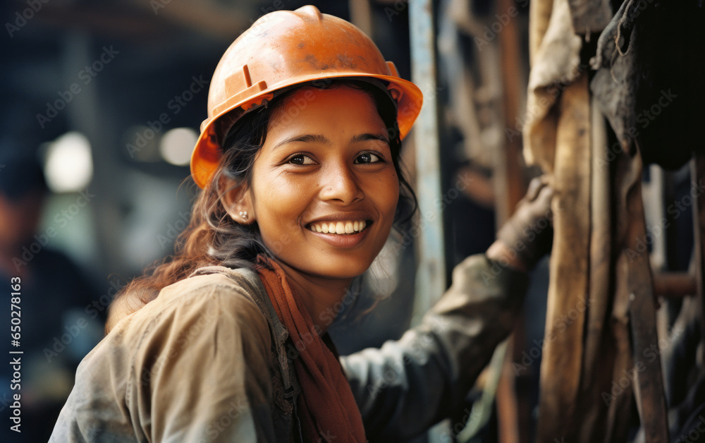 Young woman construction worker. Happy at work. Women in construction concept.