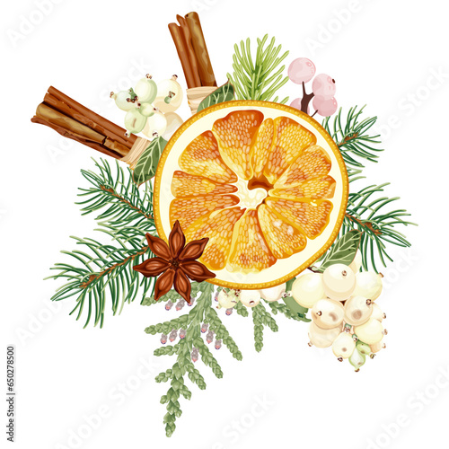 Christmas decorations with dried orange, cinnamon, spruce, thuja, fir, anise, snowberry. The aroma of bouquets. Cozy decor. Homemade holiday decorations.
