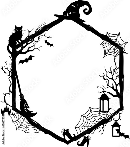Halloween holiday black frame with silhouettes of cobwebs, witch hat and boot, broomstick, black cat, lantern and flying bats. Isolated vector decorative hexagonal border or vignette with spooky decor