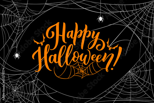 Halloween cobweb with spiders. Orange vector typography with bats and creepy spiders on black background with tangled spiderweb frame. Party poster with scary script and spooky celebratory design