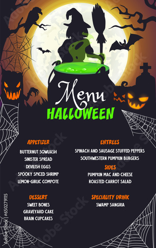Halloween menu page with witch cauldron and holiday characters, cartoon vector. Halloween horror festival menu for drinks, desserts and dishes with spooky pumpkin lanterns and witch with potion pot