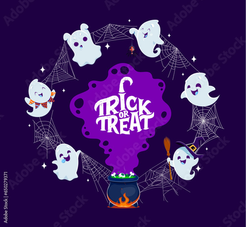 Halloween kawaii ghosts around witch cauldron and spider cobweb, trick or treat holiday vector banner. Halloween horror night party background with cute flying ghoul ghosts happy smiling in witch hat
