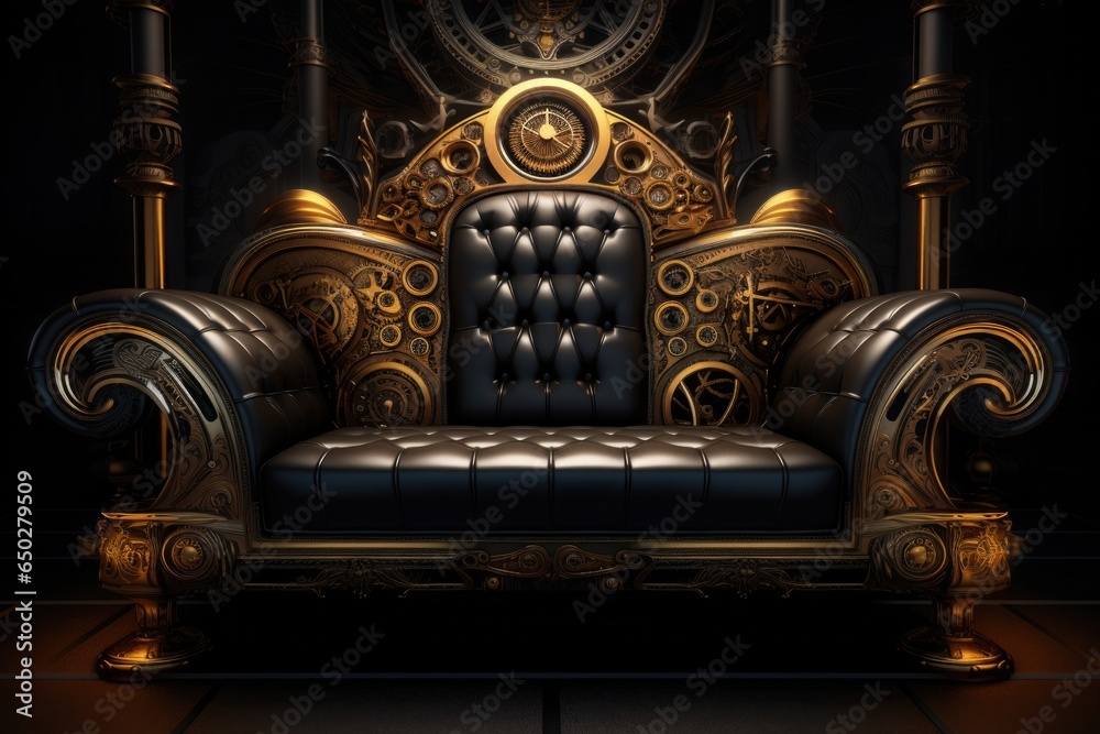 Gold Steampunk Sofa On Black Smoky Background