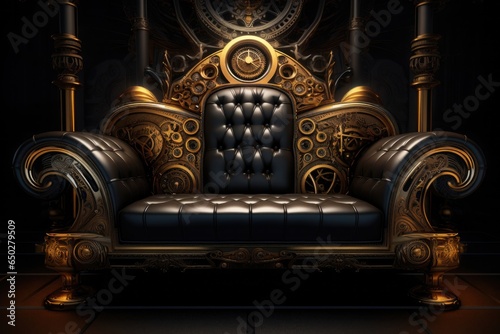 Gold Steampunk Sofa On Black Smoky Background photo