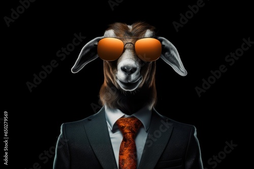 Happy Goat In Suit And Sunglasses On Black Background