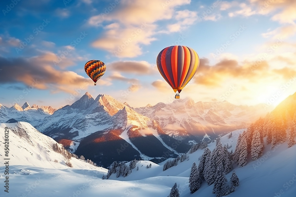 Hot air balloons fly over snowy mountains Hot air balloons fly over snowy mountains