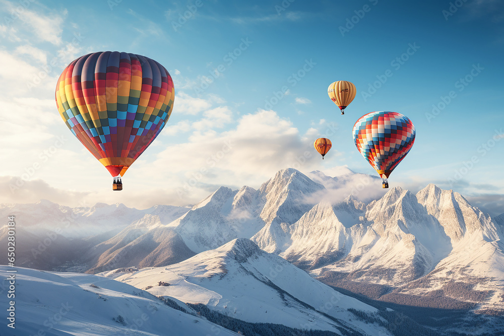Hot air balloons fly over snowy mountains