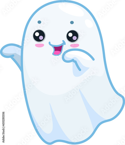 Halloween kawaii cute ghost character with mischievous face and raised arms playfully saying boo, while trying to frighten. Cartoon vector charming, spooky and adorable spirit flying at holiday night