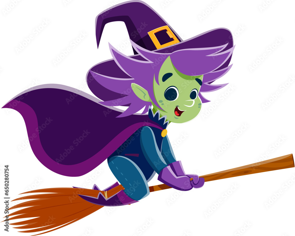 Halloween witch character soars astride her broomstick, casting spells